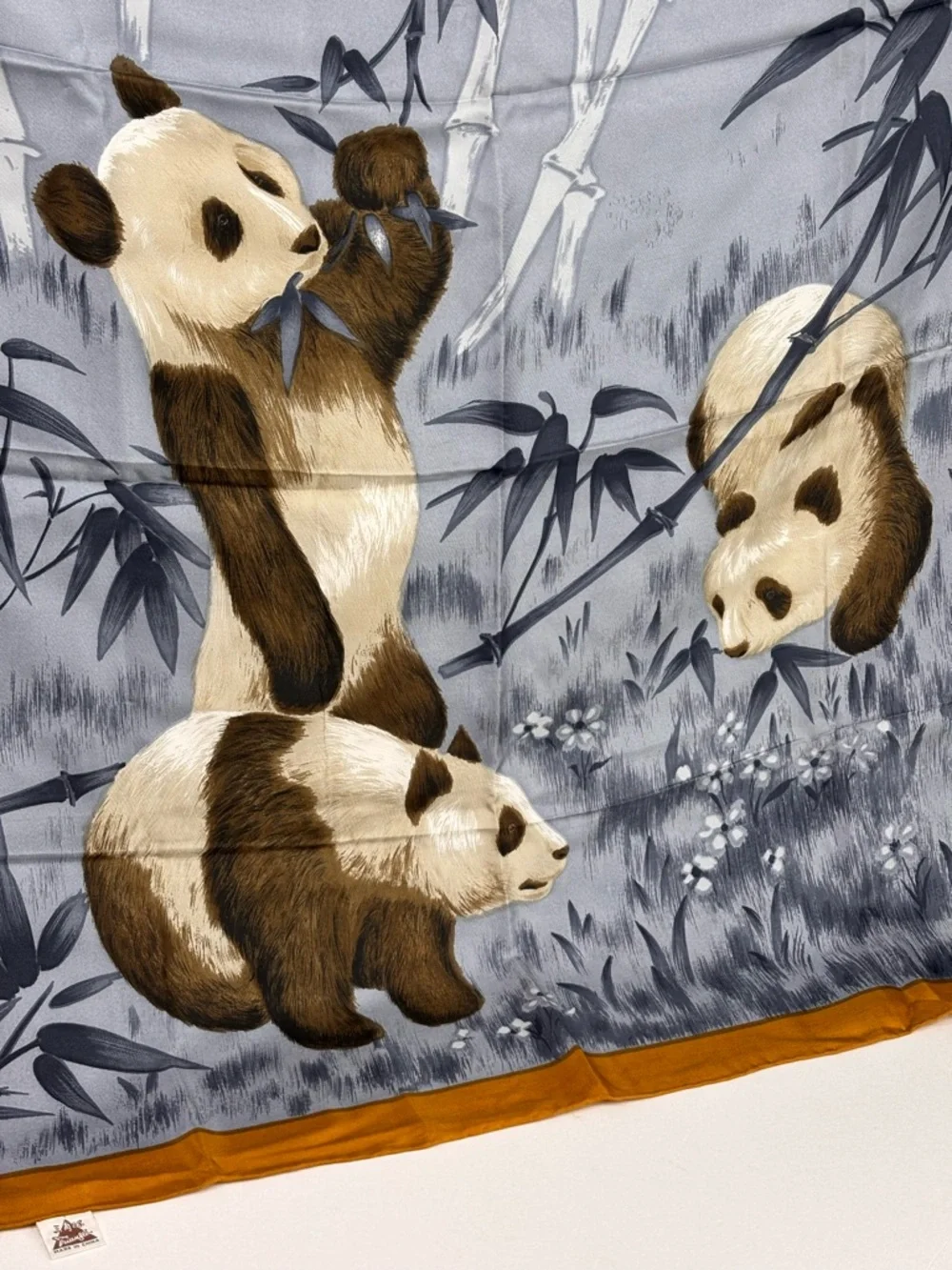 Vintage Silk Panda Print Large Square Scarf Blue Grey Mustard Border‎